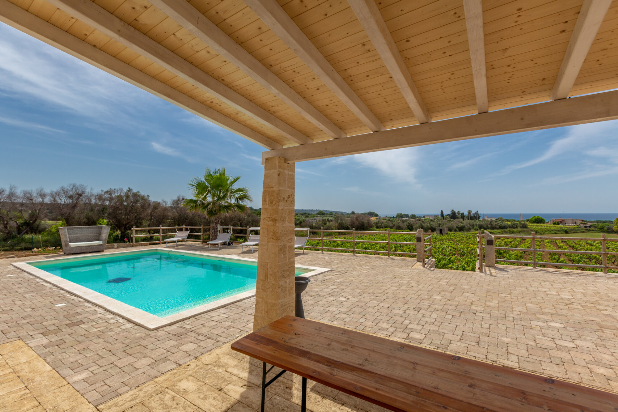Pool viewed from beneath the pergola
